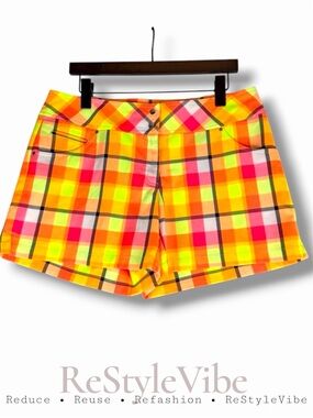 SLAZENGER Women’s Size 10 Shorts Golf Plaid Neon Flat Front Mid Rise 5” Inseam